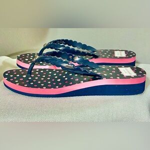 Kate Spade size 7 Navy Blue with Red & Pink Lips Wedge Flip Flop Thong Sandals